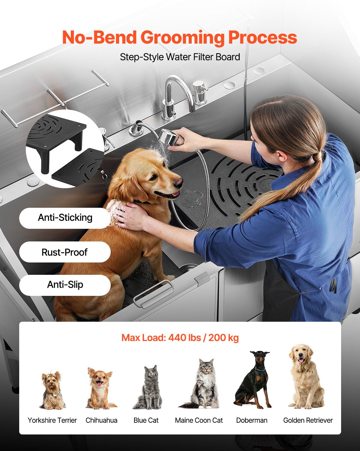 304 Stainless Steel Dog Washing Station, 154.9 cm Pet Grooming Tub with Non-Slip Low-Slope Ramp, Storage Drawer, Hot & Cold Faucet, All-in-One Bath for Grooming Shop, Fits All Sizes (Left Door)