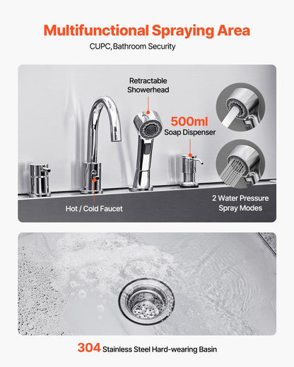 Hundtvättstation i 304 rostfritt stål, 154,9 cm trimbadkar med halkfri ramp med låg lutning, förvaringslåda, varm- och kallvattenkran, allt-i-ett-badkar för trimbutik, passar alla storlekar (vänster dörr)