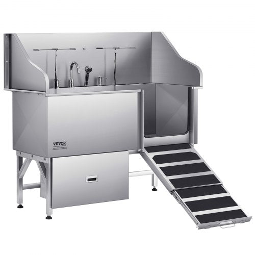 Hundtvättstation i 304 rostfritt stål, 154,9 cm trimbadkar med halkfri ramp med låg lutning, förvaringslåda, varm- och kallvattenkran, allt-i-ett-badkar för trimbutik, passar alla storlekar (höger dörr)