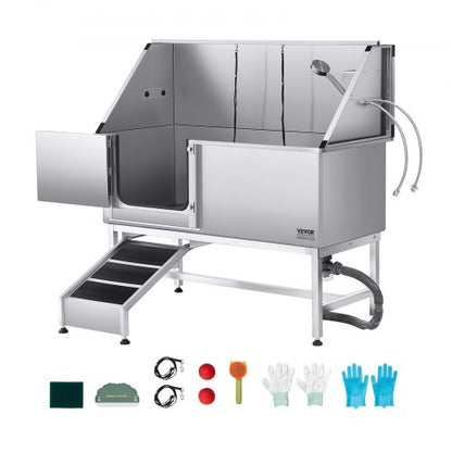Stainless Steel Dog Washing Station, 157.48 cm Pet Grooming Tub w/ Ramp, PE Water Filter Board, Faucet & Showerhead & Soap Holder Dog Bathtub for Large & Medium & Small Pets (Left Door)