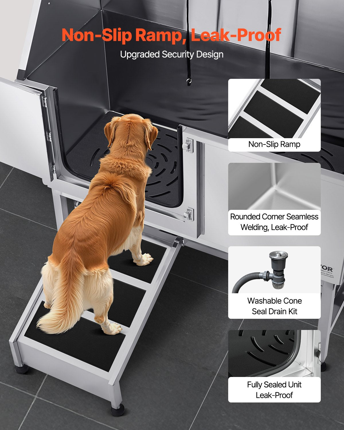 Stainless Steel Dog Washing Station, 157.48 cm Pet Grooming Tub w/ Ramp, PE Water Filter Board, Faucet & Showerhead & Soap Holder Dog Bathtub for Large & Medium & Small Pets (Left Door)