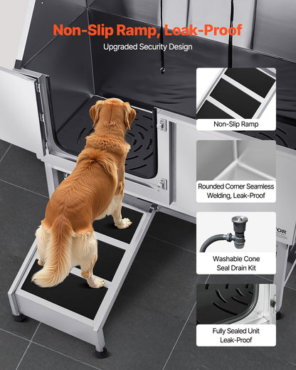 Stainless Steel Dog Washing Station, 157.48 cm Pet Grooming Tub w/ Ramp, PE Water Filter Board, Faucet & Showerhead & Soap Holder Dog Bathtub for Large & Medium & Small Pets (Left Door)