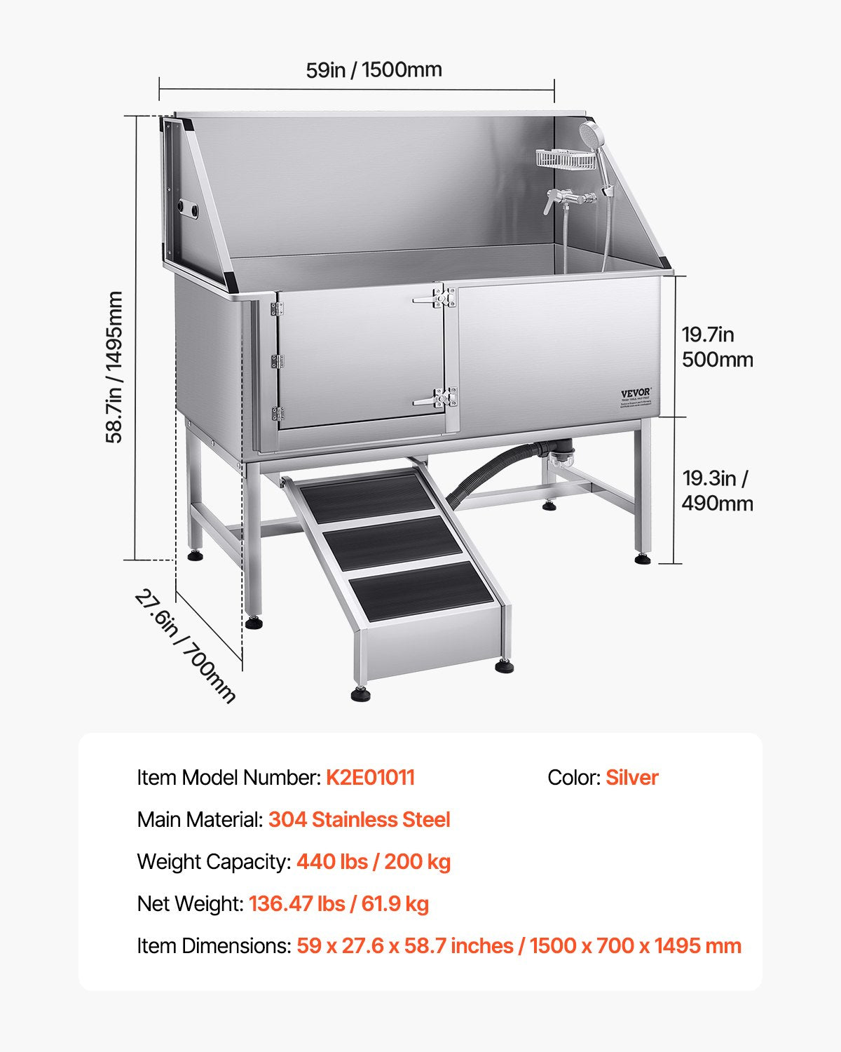 Stainless Steel Dog Washing Station, 157.48 cm Pet Grooming Tub w/ Ramp, PE Water Filter Board, Faucet & Showerhead & Soap Holder Dog Bathtub for Large & Medium & Small Pets (Left Door)
