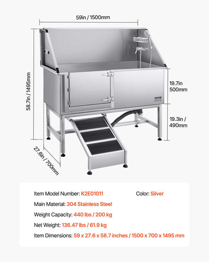 Stainless Steel Dog Washing Station, 157.48 cm Pet Grooming Tub w/ Ramp, PE Water Filter Board, Faucet & Showerhead & Soap Holder Dog Bathtub for Large & Medium & Small Pets (Left Door)
