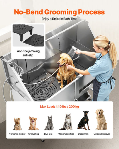 Stainless Steel Dog Washing Station, 157.48 cm Pet Grooming Tub w/ Stairs, PE Water Filter Board, Faucet & Showerhead & Soap Holder Dog Bathtub for Large & Medium & Small Pets (Right Door)