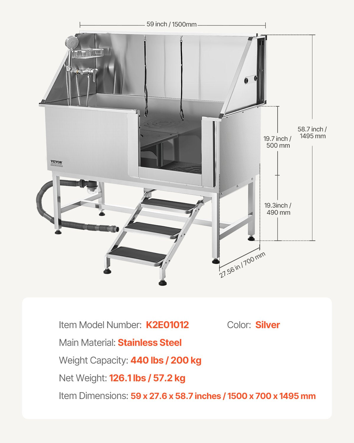 Stainless Steel Dog Washing Station, 157.48 cm Pet Grooming Tub w/ Stairs, PE Water Filter Board, Faucet & Showerhead & Soap Holder Dog Bathtub for Large & Medium & Small Pets (Right Door)