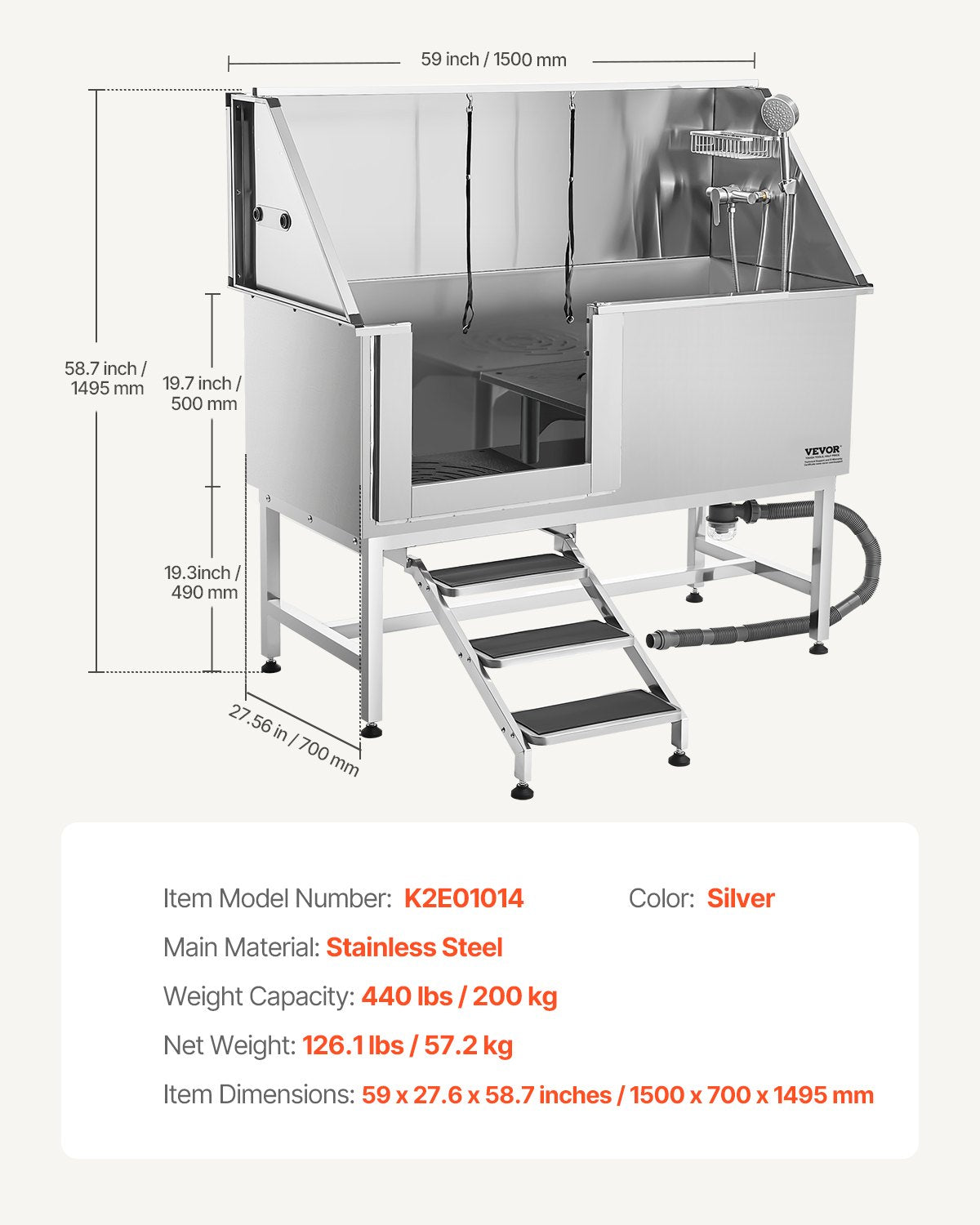 Stainless Steel Dog Washing Station, 157.48 cm Pet Grooming Tub w/ Stairs, PE Water Filter Board, Faucet & Showerhead & Soap Holder Dog Bathtub for Large & Medium & Small Pets (Left Door)