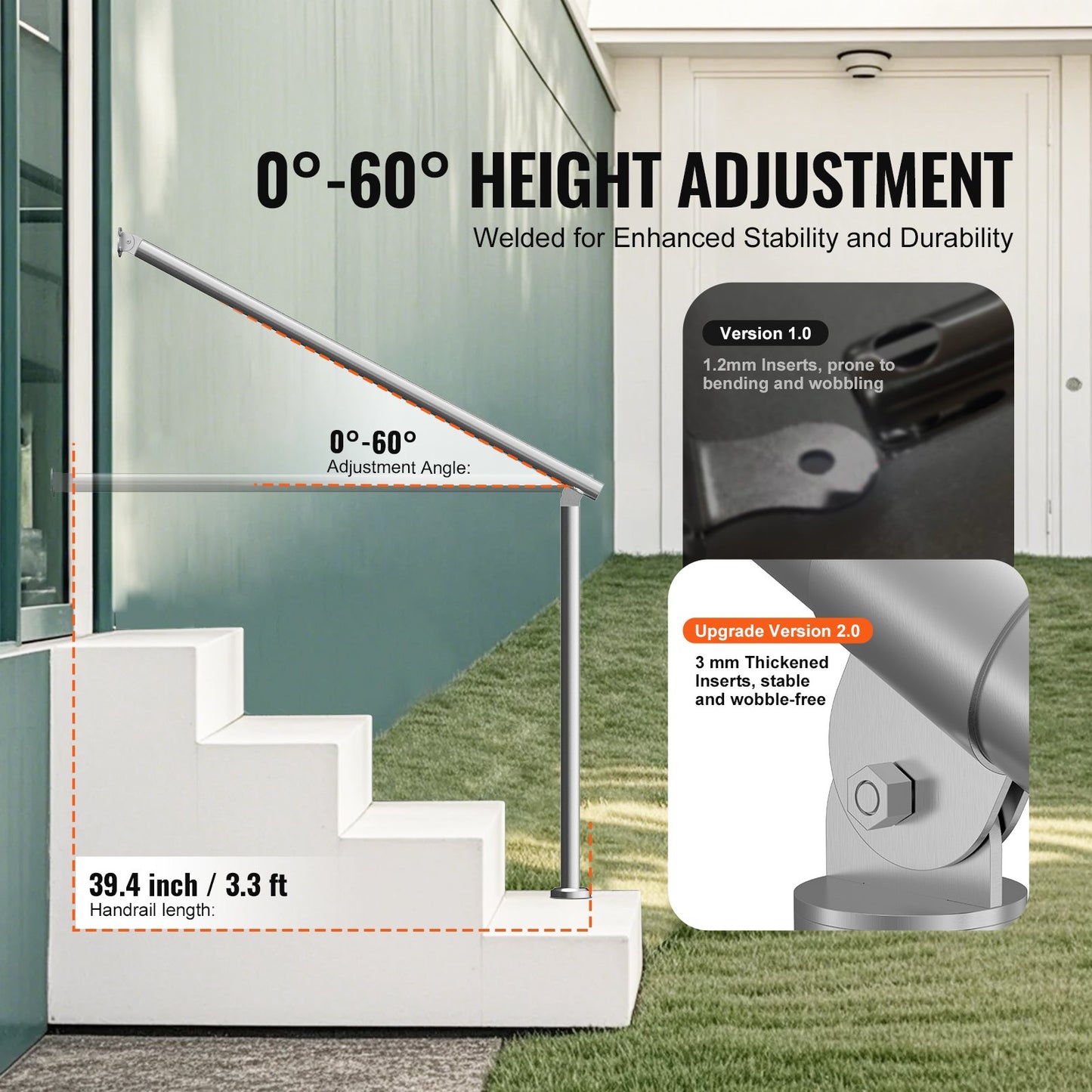 Handrails for Outdoor Steps, 39.4in / 100cm Deck Railing Kit Wall Floor Mounted, Railings for Outside Steps with Installation Kit, Hand Rails for Seniors,Porch Railing & Deck Rail Kit, Silver