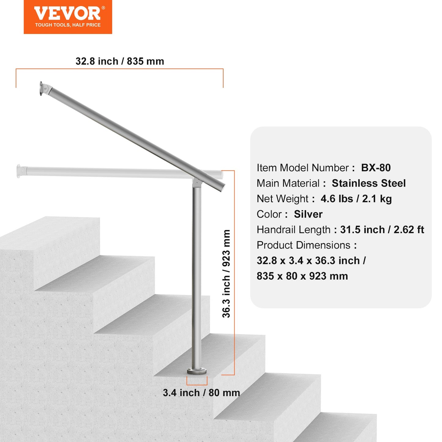 Handrails for Outdoor Steps, 31.5in / 80cm Deck Railing Kit Wall Floor Mounted, Railings for Outside Steps with Installation Kit, Hand Rails for Seniors,Porch Railing & Deck Rail Kit, Silver