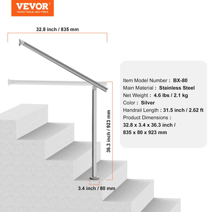 Handrails for Outdoor Steps, 31.5in / 80cm Deck Railing Kit Wall Floor Mounted, Railings for Outside Steps with Installation Kit, Hand Rails for Seniors,Porch Railing & Deck Rail Kit, Silver