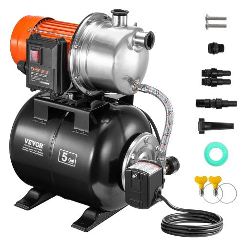 1193W(1.6 HP) Shallow Well Pump with Pressure Tank, 83 L/min(1320 GPH), Automatic Irrigation Water Booster Pump with 19L(5-Gal) Tank 2/3.4 bar(30/50 PSI) Pressure Switch, Stainless Steel Pump Head for Home Garden Lawn