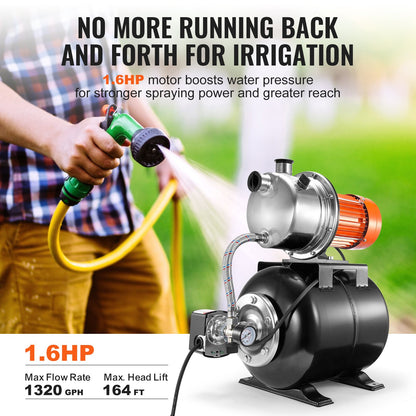 1193W(1.6 HP) Shallow Well Pump with Pressure Tank, 83 L/min(1320 GPH), Automatic Irrigation Water Booster Pump with 19L(5-Gal) Tank 2/3.4 bar(30/50 PSI) Pressure Switch, Stainless Steel Pump Head for Home Garden Lawn