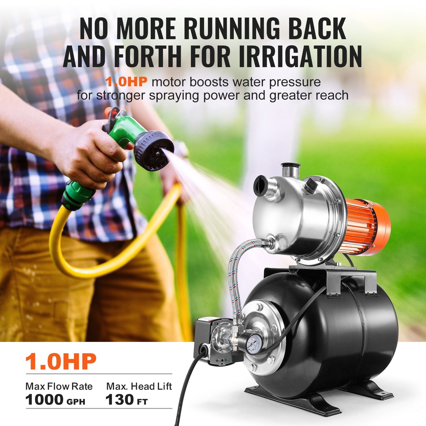 745 W(1 HP) Shallow Well Pump with Pressure Tank, 63 L/min(1000 GPH), Automatic Irrigation Water Booster Pump with 40 m(130 ft) Head Lift 1.4/2.8 bar(20/40 PSI) Pressure Switch, 304 Stainless Steel Pump Head for Home Garden Lawn