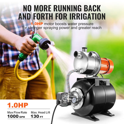 745 W(1 HP) Shallow Well Pump with Pressure Tank, 63 L/min(1000 GPH), Automatic Irrigation Water Booster Pump with 40 m(130 ft) Head Lift 1.4/2.8 bar(20/40 PSI) Pressure Switch, 304 Stainless Steel Pump Head for Home Garden Lawn