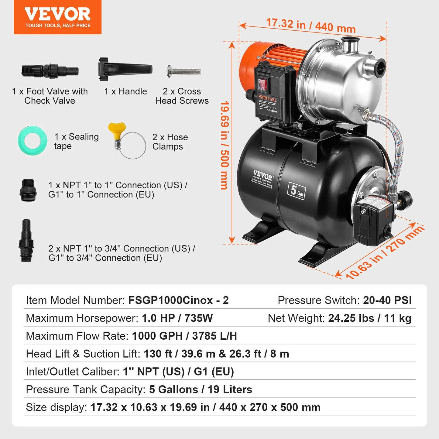 745 W(1 HP) Shallow Well Pump with Pressure Tank, 63 L/min(1000 GPH), Automatic Irrigation Water Booster Pump with 40 m(130 ft) Head Lift 1.4/2.8 bar(20/40 PSI) Pressure Switch, 304 Stainless Steel Pump Head for Home Garden Lawn