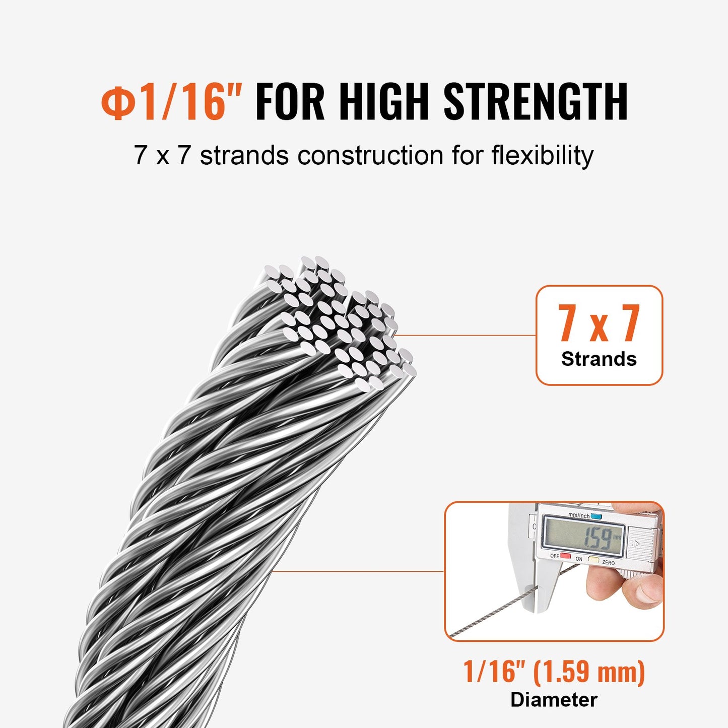 Wire Rope Kit, 1/16" 66 ft 304 Stainless Steel Cable with Crimping Pliers, 160 Sleeves and 12 Thimbles, 7x7 Strands Construction Marine Aircraft Grade for Handrail Stair Decking Fence Outdoors