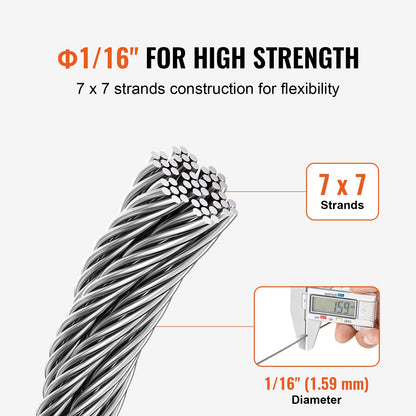 Wire Rope Kit, 1/16" 66 ft 304 Stainless Steel Cable with Crimping Pliers, 160 Sleeves and 12 Thimbles, 7x7 Strands Construction Marine Aircraft Grade for Handrail Stair Decking Fence Outdoors