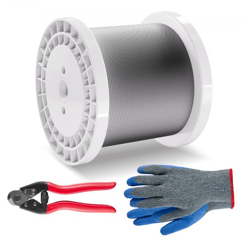 Stålvajersats, 1/8" 1000 fot 316 rostfritt stålvajer med avbitare och handskar, 1600 lbs brottstyrka, 7x7 trådar konstruktion marin flygplanskvalitet för ledstång trappstängsel utomhus