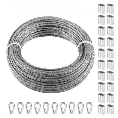 Wire Rope Kit, 1/8" 100 ft 316 Stainless Steel Cable with 20 Sleeves and 10 Thimbles, 1600 lbs Breaking Strength, 7x7 Strands Marine Aircraft Grade for Handrail Stair Decking Fence Outdoors