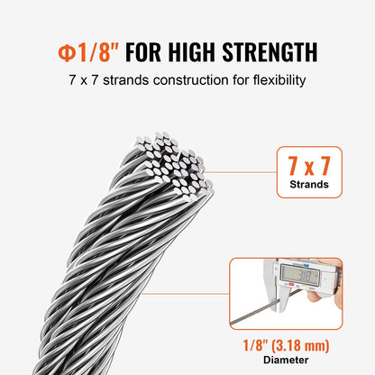 Wire Rope Kit, 1/8" 100 ft 316 Stainless Steel Cable with 20 Sleeves and 10 Thimbles, 1600 lbs Breaking Strength, 7x7 Strands Marine Aircraft Grade for Handrail Stair Decking Fence Outdoors