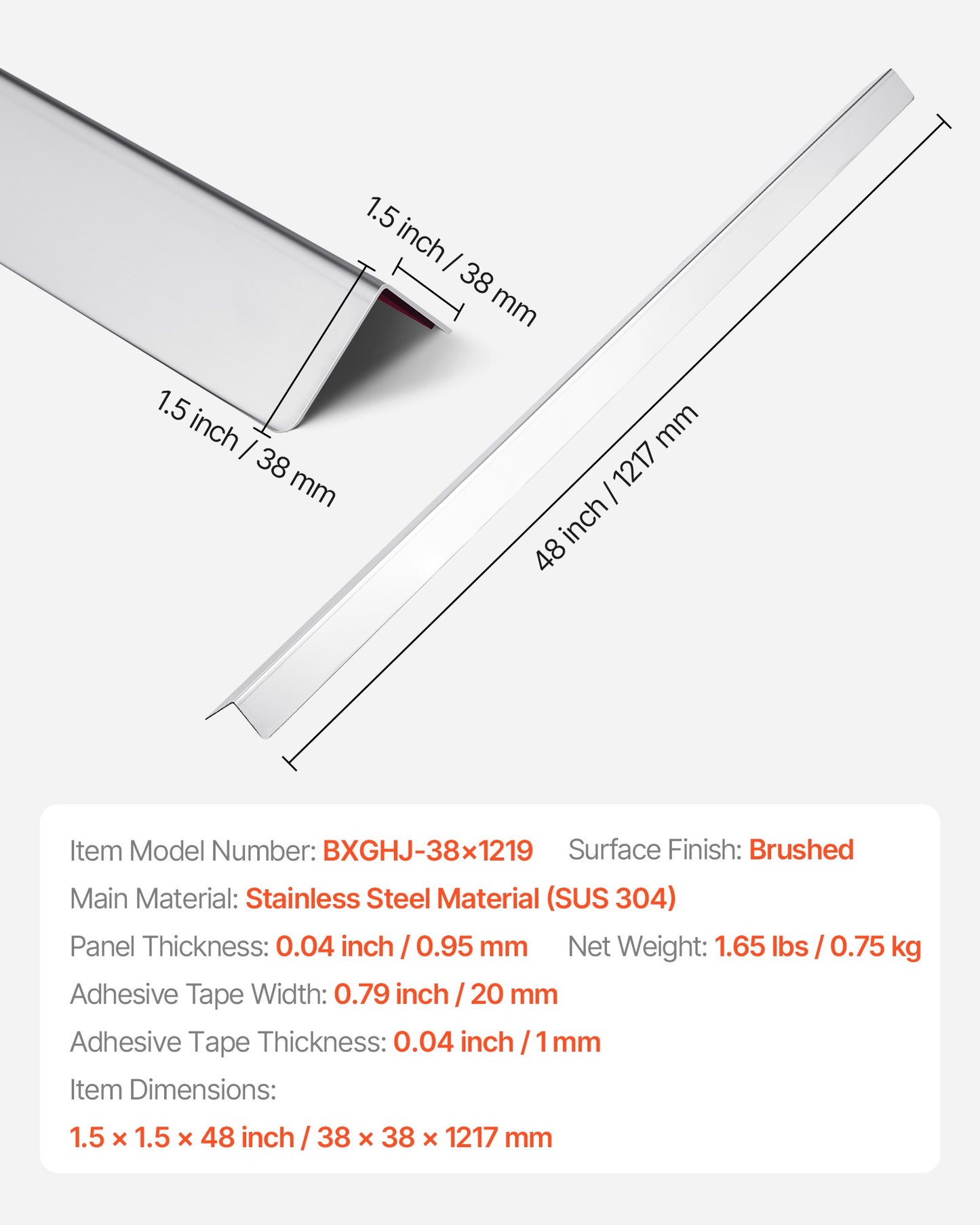 Stainless Steel Wall Corner Protector, 38 x 38 x 1217 mm, 10 Pack Metal Corner Guards, 304 Stainless Steel Edge Trim 90-Degree Angle for Home,Office,Commercial Wall Protection, with 3m Tape