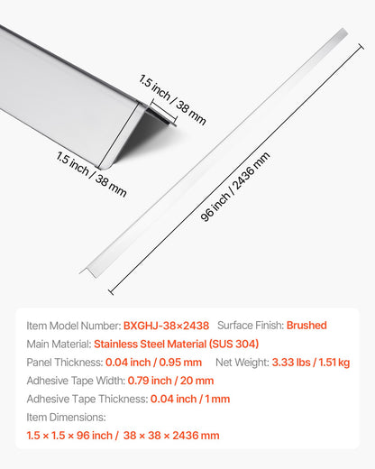 Vägghörnskydd i rostfritt stål, 38 x 38 x 2436 mm, 10-pack metallhörnskydd, kantlist i 304 rostfritt stål, 90-graders vinkel för hem, kontor, kommersiellt väggskydd, med 3 m tejp