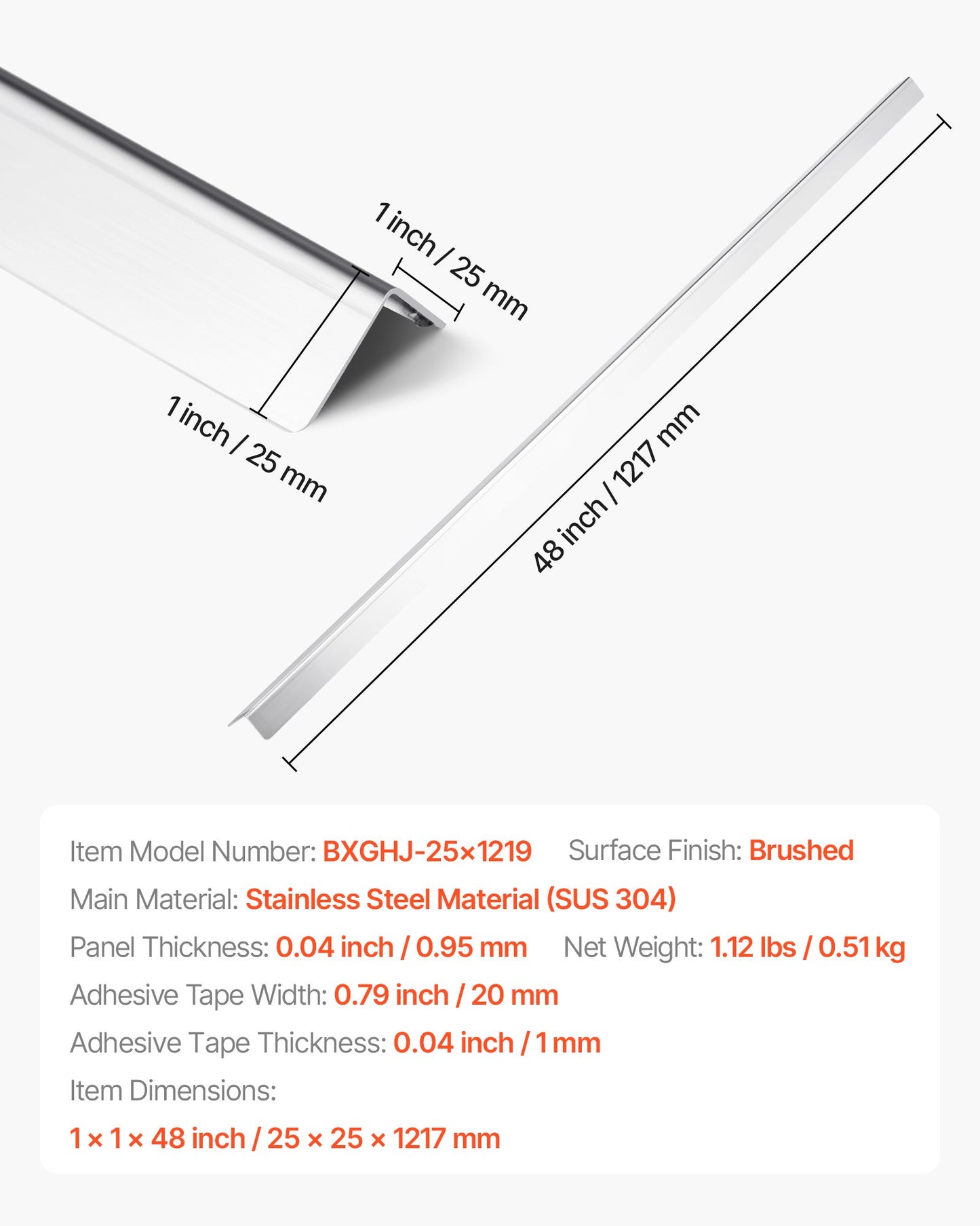 Stainless Steel Wall Corner Protector, 25 x 25 x 1217 mm , 10 Pack Metal Corner Guards, 304 Stainless Steel Edge Trim 90-Degree Angle for Home,Office,Commercial Wall Protection, with 3m Tape
