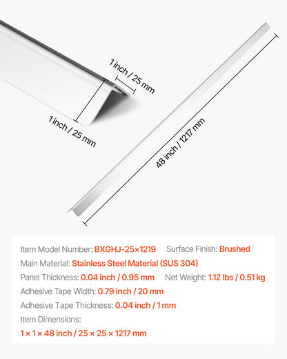 Stainless Steel Wall Corner Protector, 25 x 25 x 1217 mm , 10 Pack Metal Corner Guards, 304 Stainless Steel Edge Trim 90-Degree Angle for Home,Office,Commercial Wall Protection, with 3m Tape