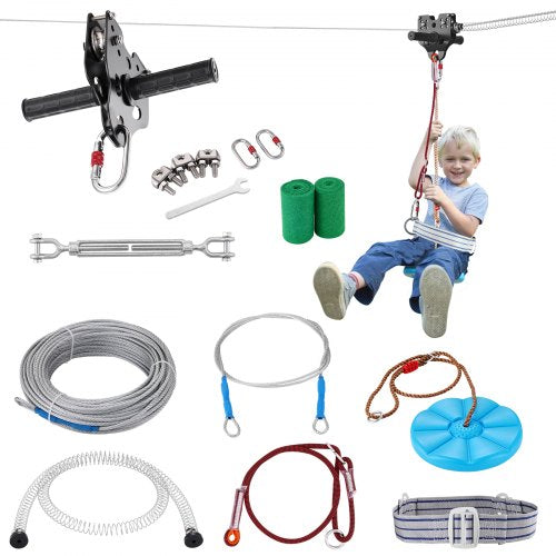 Zipline-kit för barn och vuxna, 30,48 m zipline-kit upp till 227 kg, snabb uppsättning av zipline för bakgård och utomhusbruk, lekplatsunderhållning med zipline i rostfritt stål, fjäderbroms, säkerhetssele, sits