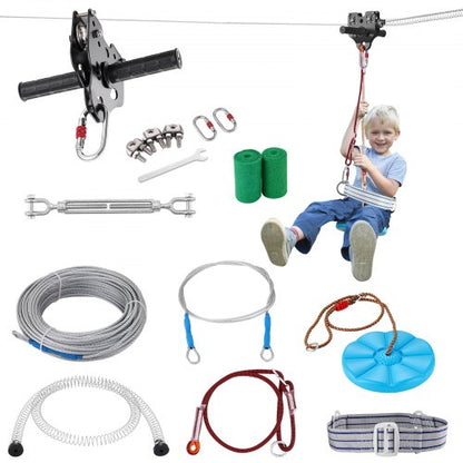 Zipline-kit för barn och vuxna, 30,48 m zipline-kit upp till 227 kg, snabb uppsättning av zipline för bakgård och utomhusbruk, lekplatsunderhållning med zipline i rostfritt stål, fjäderbroms, säkerhetssele, sits