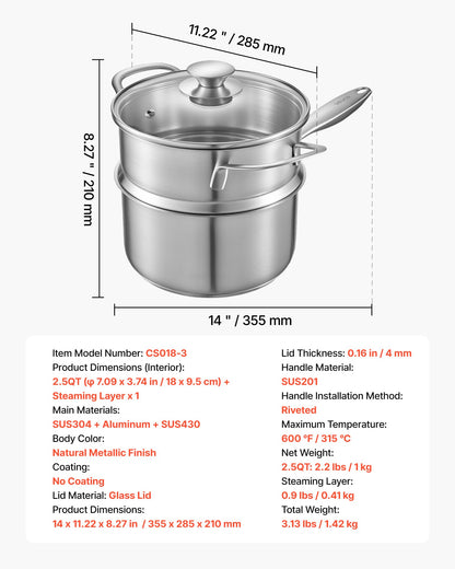 2,5 qt kastrull med ångkokare, kastrull i rostfritt stål med glaslock, multifunktionell nonstick-såsgryta i rostfritt stål med ergonomiskt handtag, lämplig för ugn, diskmaskin, induktionshäll