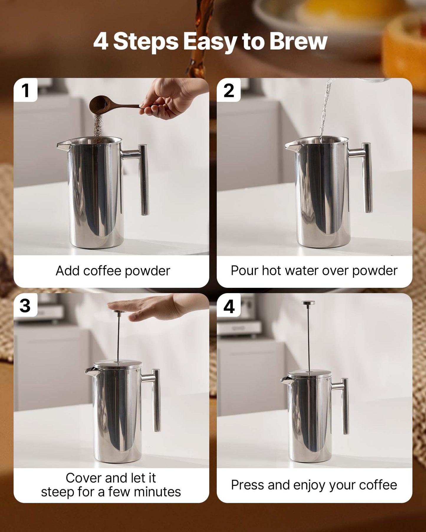 French Press Coffee Maker, 1.5 Liter Stainless Steel Coffee Press Tea Maker with Filter, Large Double Wall Insulated French Presses Cold Brew for Camping Travel Home Kitchen, Silver