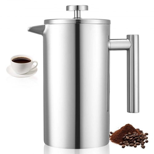 French Press Coffee Maker, 1 Liter Stainless Steel Coffee Press Tea Maker with Filter, Large Double Wall Insulated French Presses Cold Brew for Camping Travel Home Kitchen, Silver