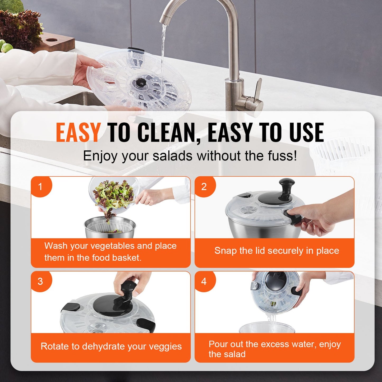 Salladsslunga i rostfritt stål, 4,75 liter, stor grönsakstork med enhandsfunktion, enkel att trycka på, salladsrensare och torktumlare med skål i 304 rostfritt stål, för grönsaker, örter, bär, frukter, ingen BPA