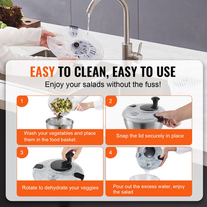 Salladsslunga i rostfritt stål, 4,75 liter, stor grönsakstork med enhandsfunktion, enkel att trycka på, salladsrensare och torktumlare med skål i 304 rostfritt stål, för grönsaker, örter, bär, frukter, ingen BPA