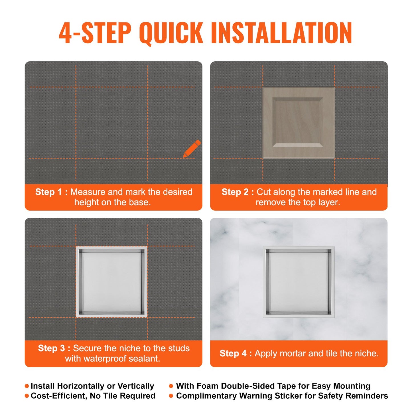 33.02 x 33.02 cm No Tile Shower Niche 304 Stainless Steel, Wall-Inserted Niche Recessed Double Shelves, Sealed Waterproof Rust-Resistant Modern Niche for Shower Bathroom Soap Storage, Silver