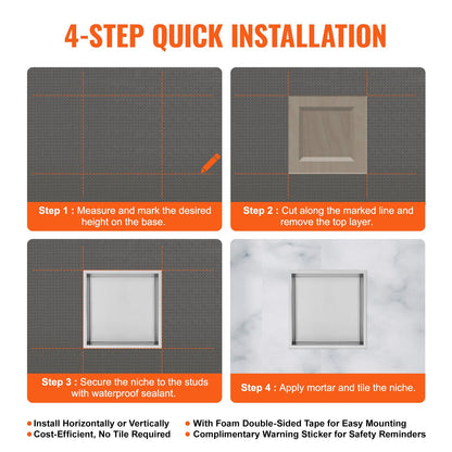 33.02 x 33.02 cm No Tile Shower Niche 304 Stainless Steel, Wall-Inserted Niche Recessed Double Shelves, Sealed Waterproof Rust-Resistant Modern Niche for Shower Bathroom Soap Storage, Silver