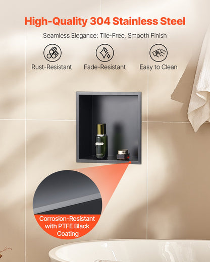 Duschnisch, 33,0 x 33,0 x 10,2 cm infälld väggnisch, kraftig förvaringsorganisatör i rostfritt stål för tvål och schampo, förseglad, vattentät, hållbar och enkel att installera, svart för badrum