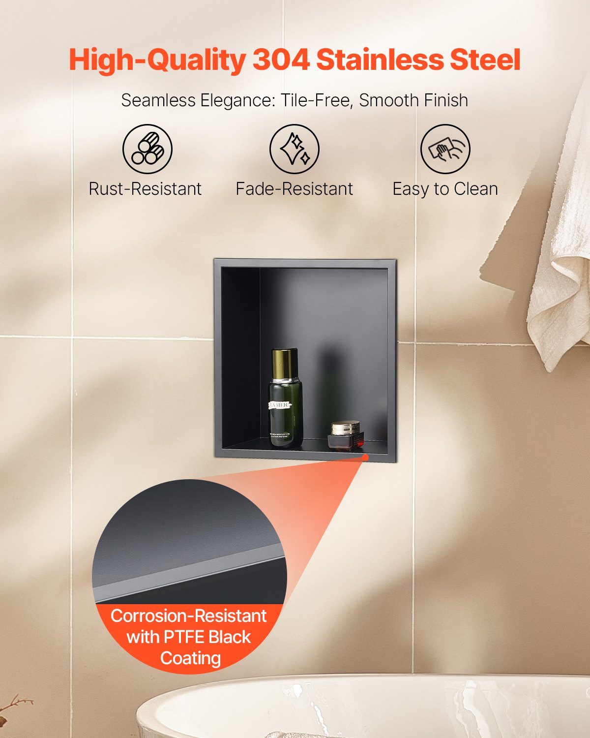 Shower Niche, 33.0 x 33.0 x 10.2 cm Recessed Wall Niche, Heavy-duty Stainless Steel Modern Soap & Shampoo Storage Organizer, Sealed Waterproof, Durable & Easy to Install, Black for Bathroom