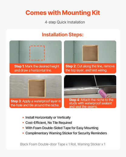 Duschnisch, 33,0 x 33,0 x 10,2 cm infälld väggnisch, kraftig förvaringsorganisatör i rostfritt stål för tvål och schampo, förseglad, vattentät, hållbar och enkel att installera, svart för badrum