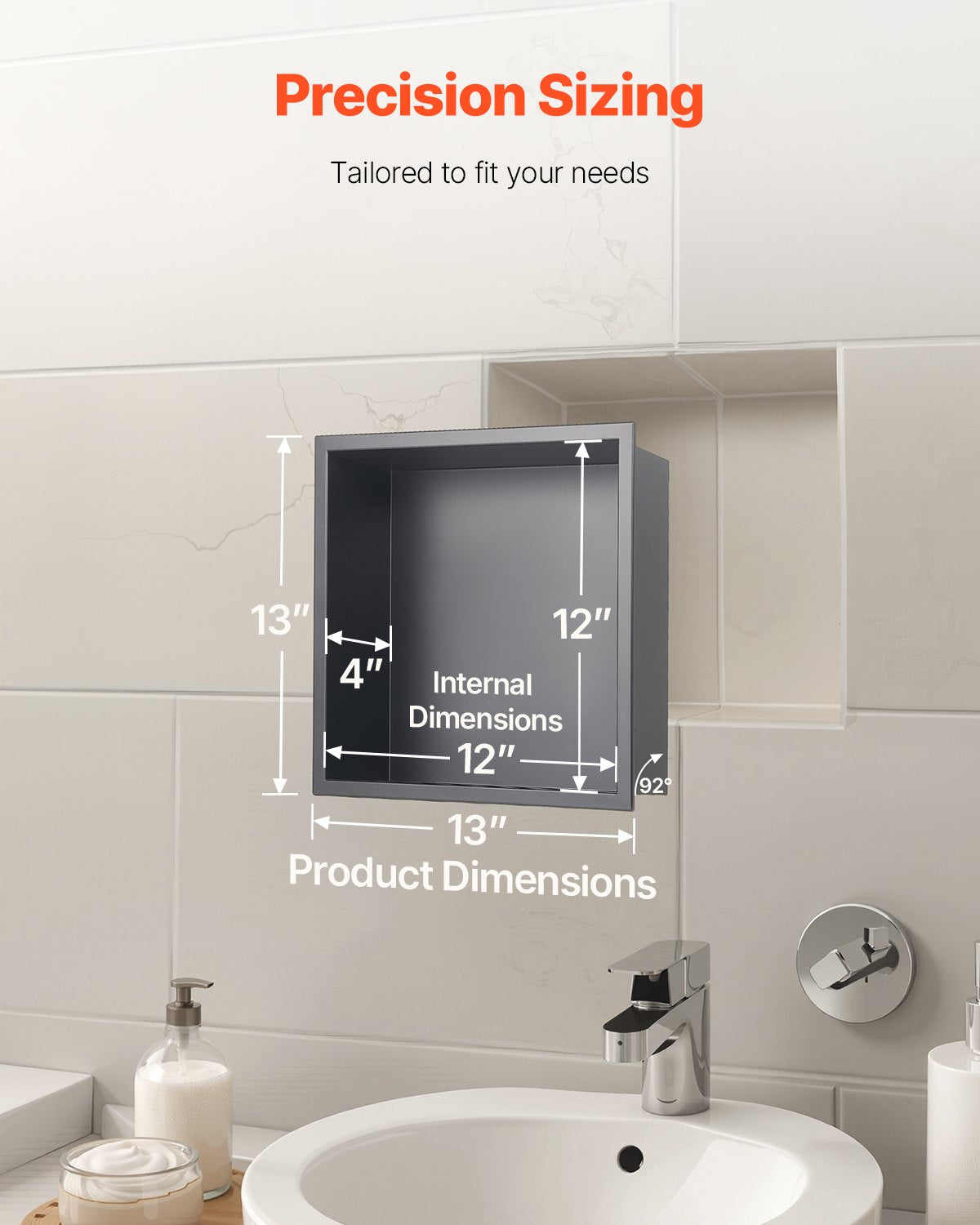 Duschnisch, 33,0 x 33,0 x 10,2 cm infälld väggnisch, kraftig förvaringsorganisatör i rostfritt stål för tvål och schampo, förseglad, vattentät, hållbar och enkel att installera, svart för badrum