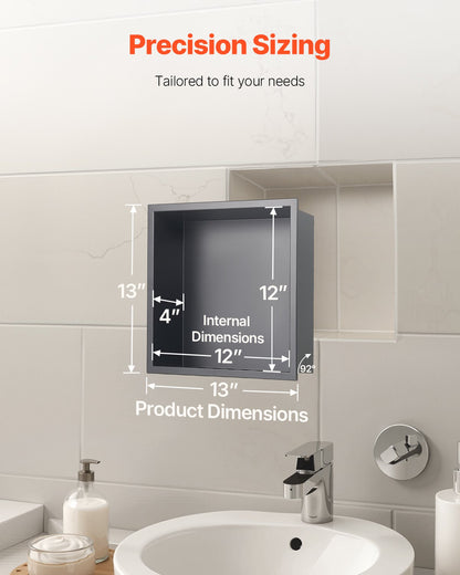 Duschnisch, 33,0 x 33,0 x 10,2 cm infälld väggnisch, kraftig förvaringsorganisatör i rostfritt stål för tvål och schampo, förseglad, vattentät, hållbar och enkel att installera, svart för badrum