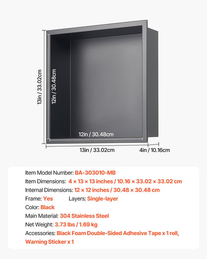 Duschnisch, 33,0 x 33,0 x 10,2 cm infälld väggnisch, kraftig förvaringsorganisatör i rostfritt stål för tvål och schampo, förseglad, vattentät, hållbar och enkel att installera, svart för badrum