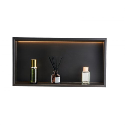 Duschnisch, 33,0 x 63,5 x 10,2 cm infälld väggnisch med LED-remsa, robust modern schampoförvaring i rostfritt stål, förseglad vattentät, enkel att installera, svart för badrum