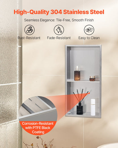 Shower Niche, 33.0 x 63.5 x 10.2 cm Recessed Wall Niche Double-layer, with Hollowed-out Divider, Heavy-duty Stainless Steel Modern Shampoo Storage Organizer, Waterproof, Silver for Bathroom