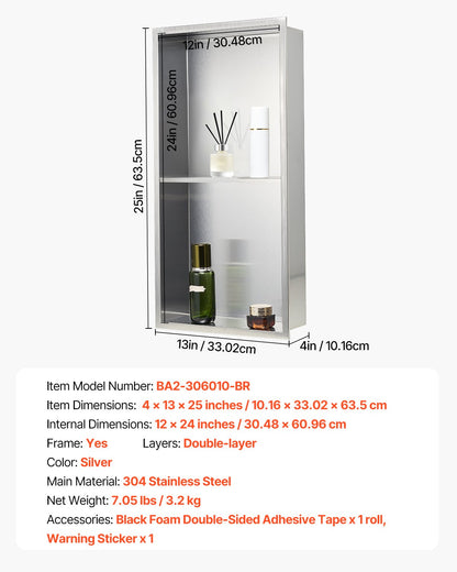 Shower Niche, 33.0 x 63.5 x 10.2 cm Recessed Wall Niche Double-layer, with Hollowed-out Divider, Heavy-duty Stainless Steel Modern Shampoo Storage Organizer, Waterproof, Silver for Bathroom