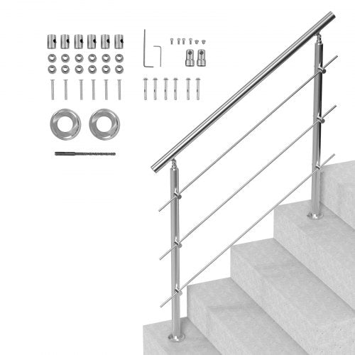 Handrails for Outdoor Steps, 47.2in Length 3 Crossbars Stair Hand Rail Kit, Transitional Stainless Steel Railings w/ Installation Kit, Double-column Staircase Handrails for Seniors,Porch & Deck