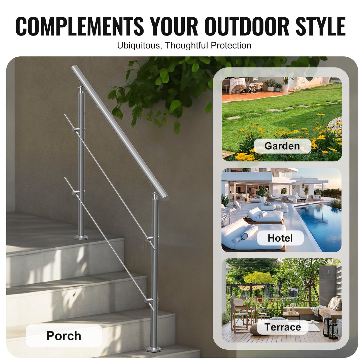 119.9 cm Handrails for Outdoor Steps 2 Crossbars Staircase for Porch Deck