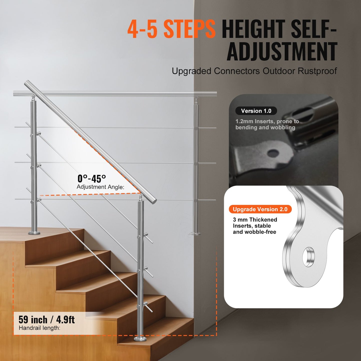 149.9 cm Handrails for Outdoor Steps 3 Crossbars Staircase for Porch Deck