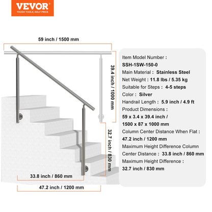 149.9 cm Handrails for Outdoor Steps Staircase for Porch Deck Side-mount